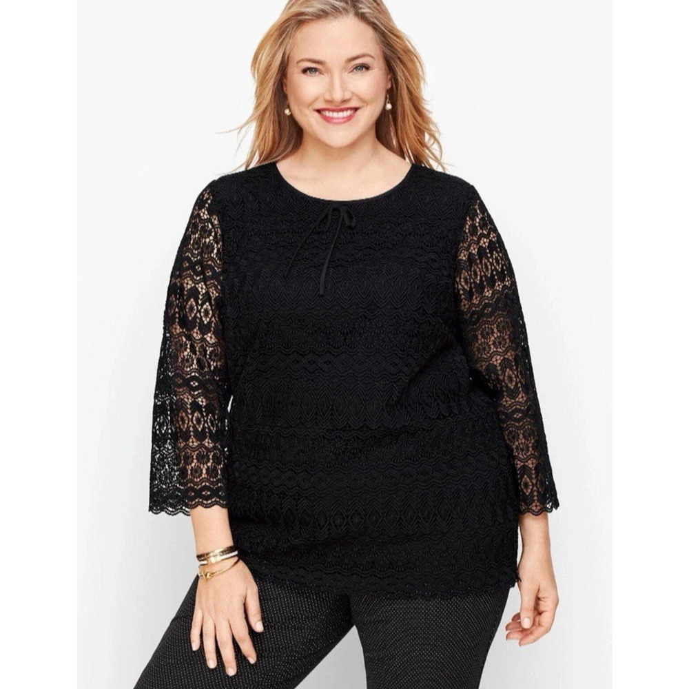 Talbots Petite Black Geometric Floral Lace Top Sheer Sleeve Lined Zip Party LP